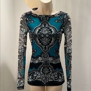 Inc International Teal and Black Embellished Long Sleeve Top
